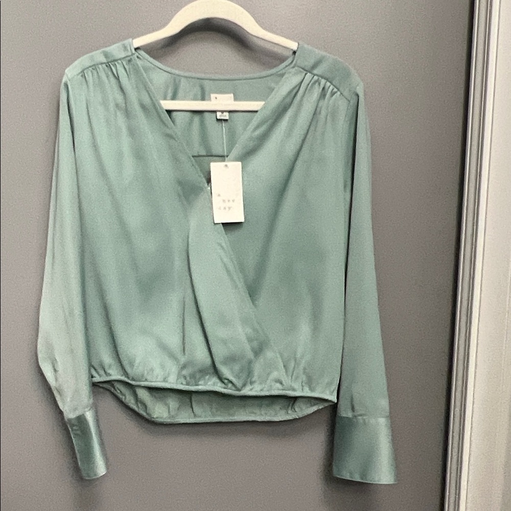 a new day Sage Green Satin Wrap-Front Blouse
